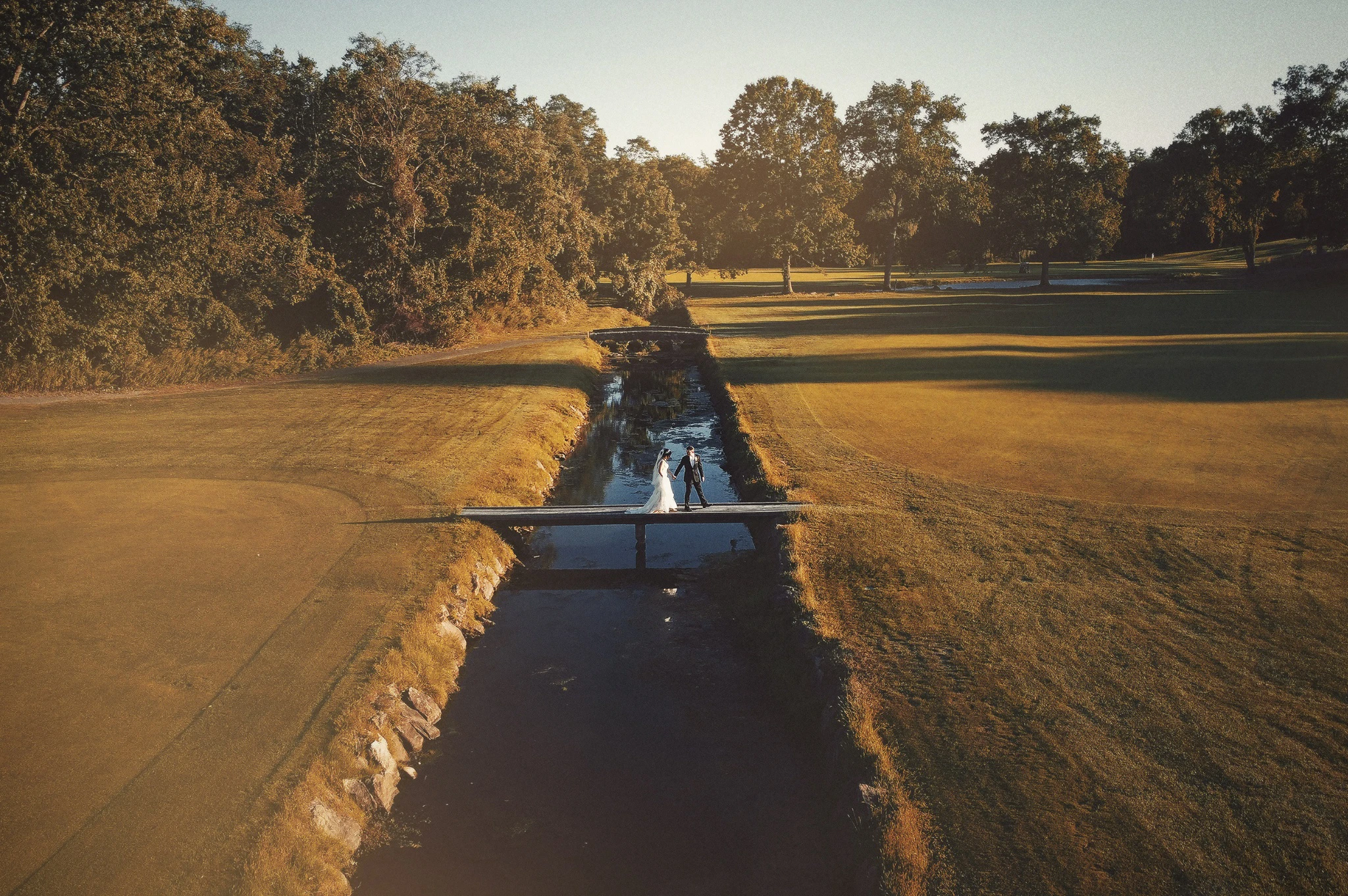 Drone photo of bride and groom in nature