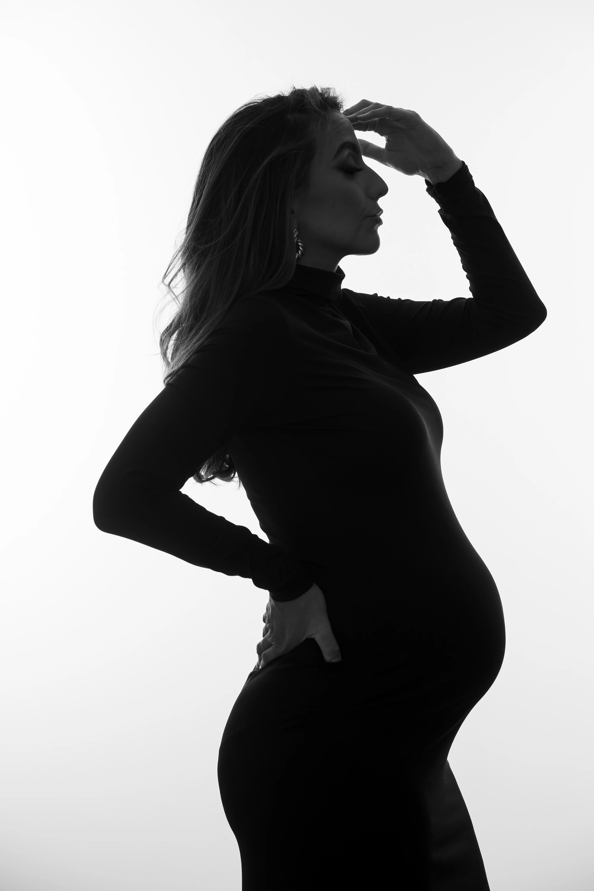 black and white maternity photo of woman