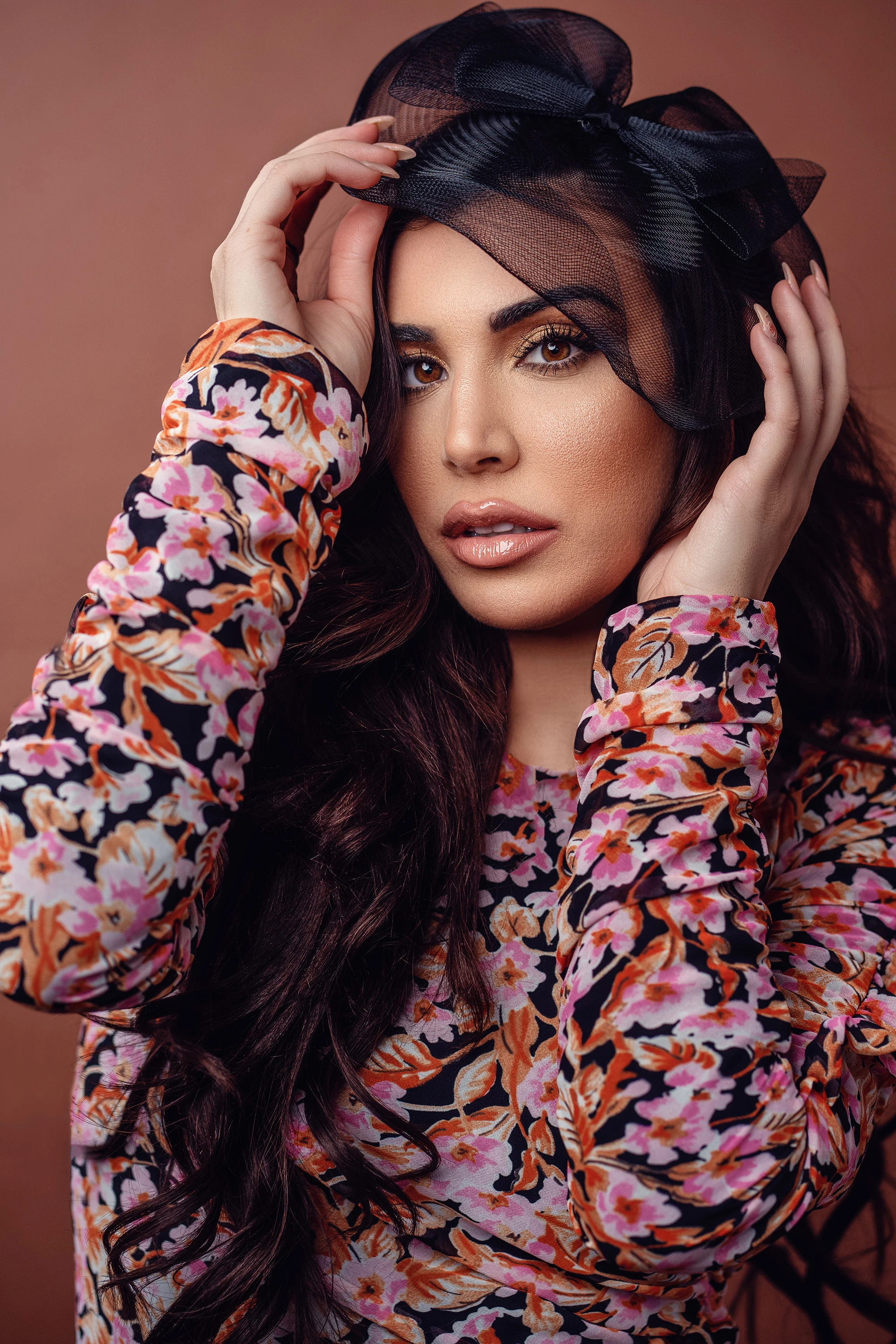 close up portrait of woman in flower top