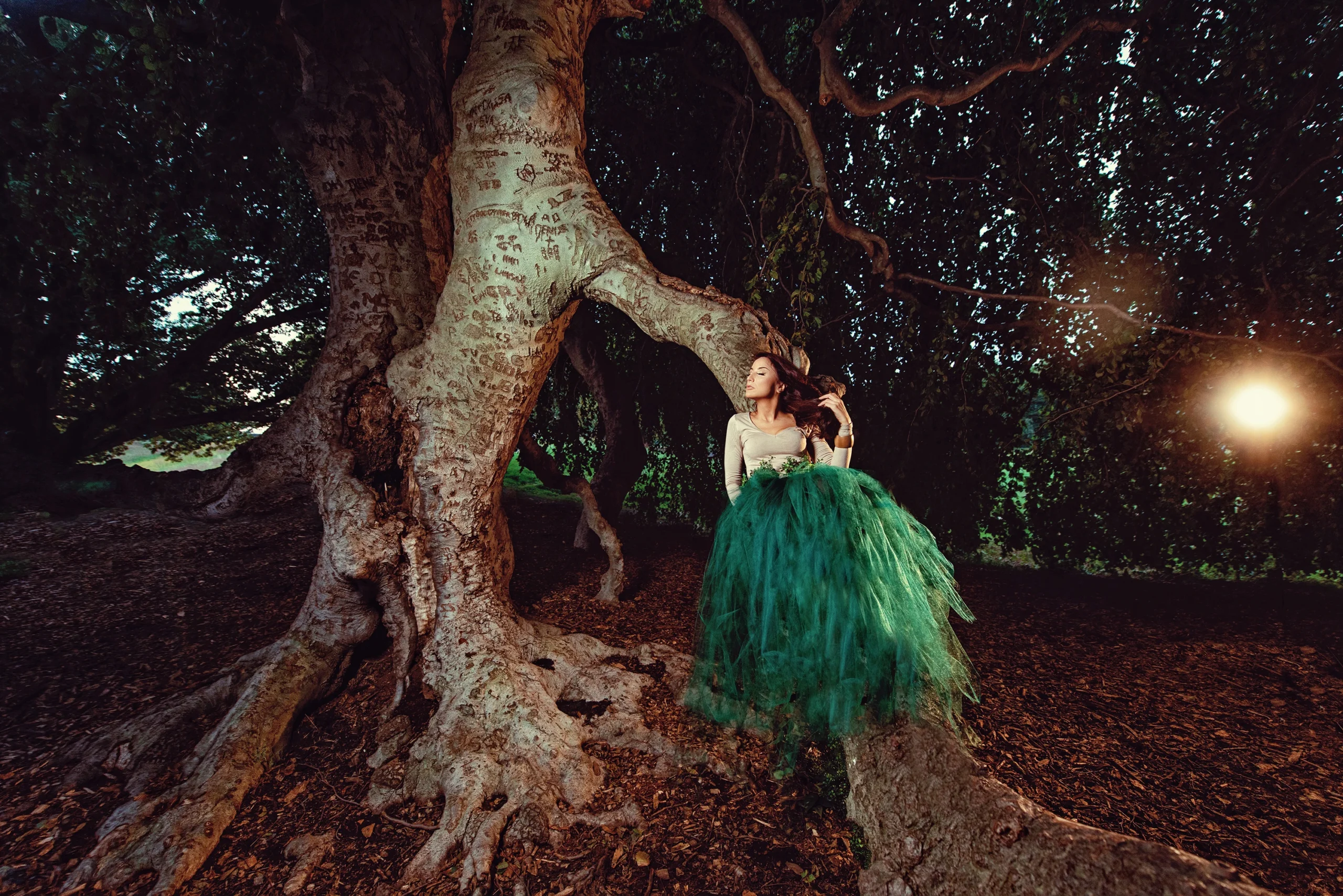 creative portrait of woman in green dress posing in front of a tree at sunset