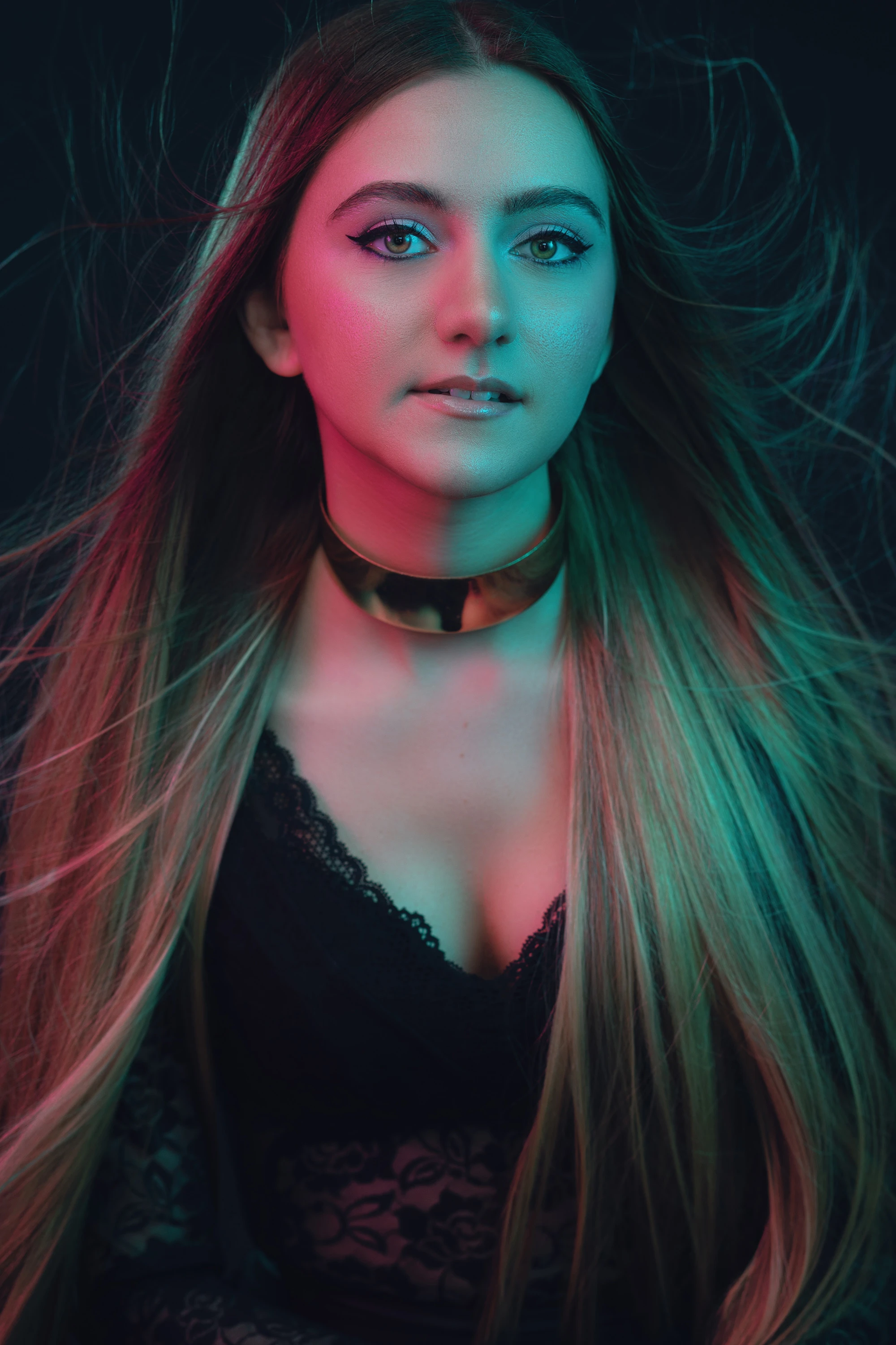 close up portrait of woman in black dress