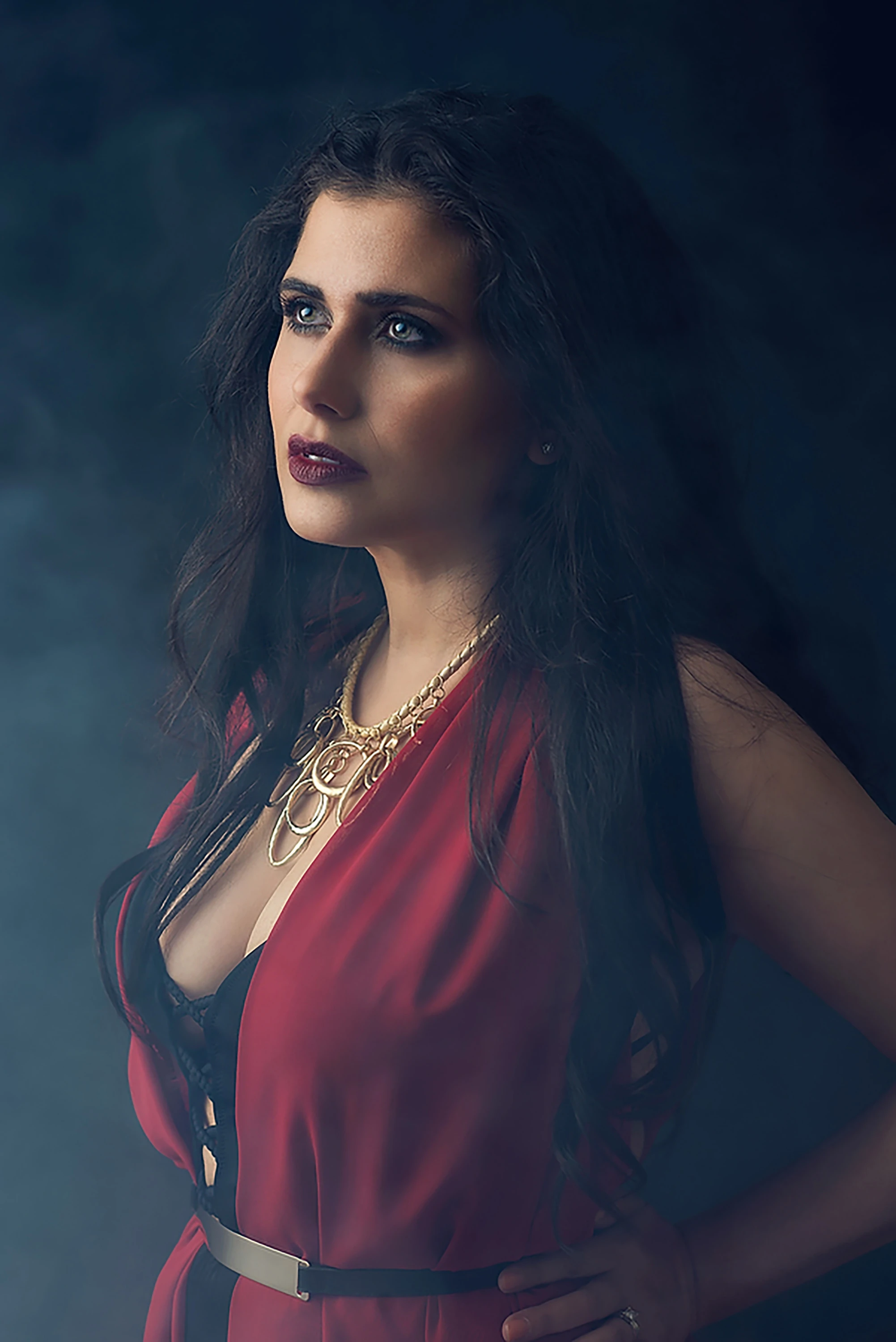 creative portrait of woman with dark hair in red dress